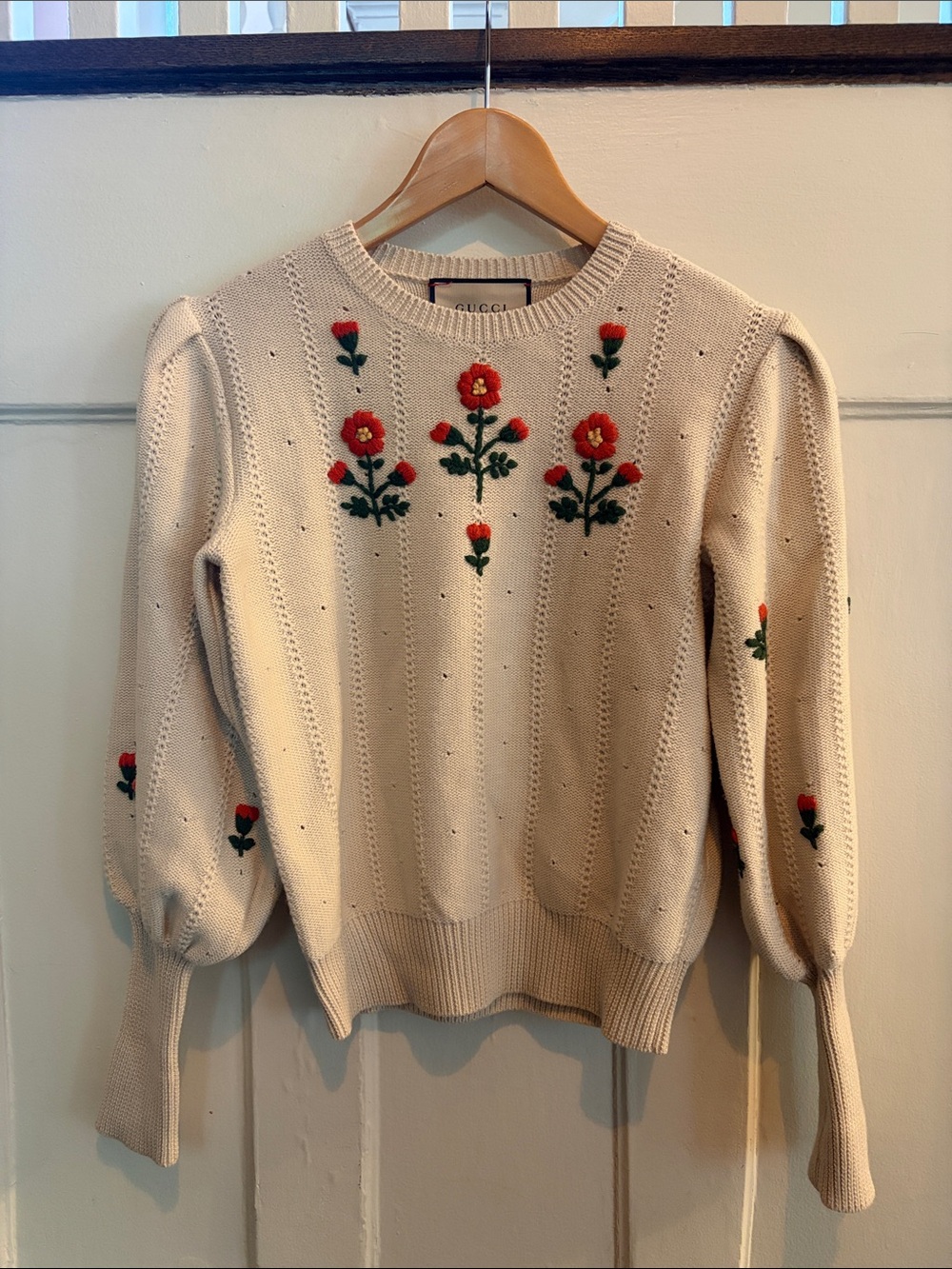 Gucci Cream Knit Sweater with Red and Green Floral Embroidery